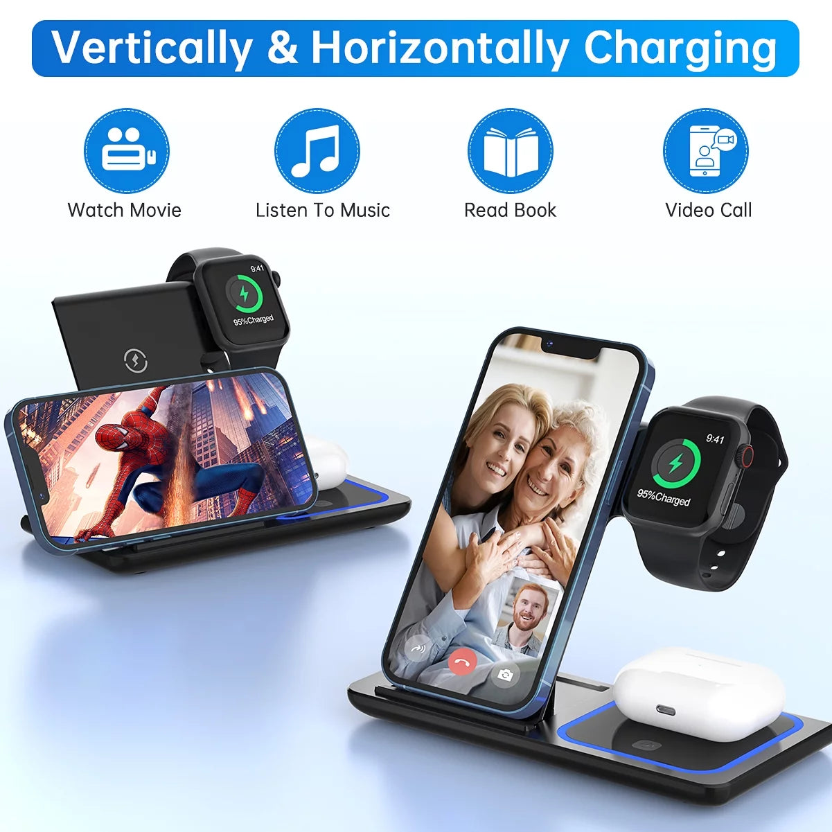 Fast Iphone Charging Station for Iphone 16/15/14/13/12 /11/Pro Max/Plus, 3 in 1 Wireless Charging Stand for Iwatch Series SE 10/9/8/7/6/5/4/3, Airpods Pro/3/2 (W/ QC3.0 Adapter)