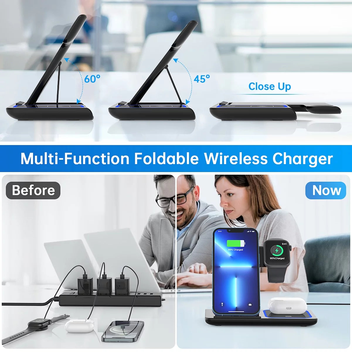 Fast Iphone Charging Station for Iphone 16/15/14/13/12 /11/Pro Max/Plus, 3 in 1 Wireless Charging Stand for Iwatch Series SE 10/9/8/7/6/5/4/3, Airpods Pro/3/2 (W/ QC3.0 Adapter)