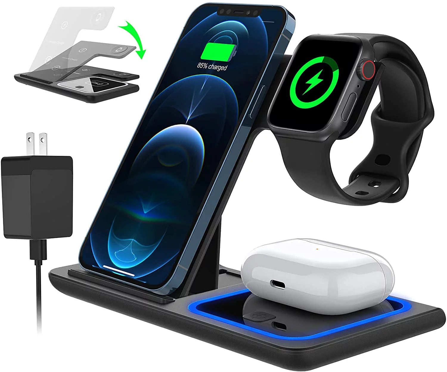 Fast Iphone Charging Station for Iphone 16/15/14/13/12 /11/Pro Max/Plus, 3 in 1 Wireless Charging Stand for Iwatch Series SE 10/9/8/7/6/5/4/3, Airpods Pro/3/2 (W/ QC3.0 Adapter)