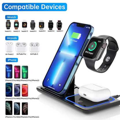 Fast Iphone Charging Station for Iphone 16/15/14/13/12 /11/Pro Max/Plus, 3 in 1 Wireless Charging Stand for Iwatch Series SE 10/9/8/7/6/5/4/3, Airpods Pro/3/2 (W/ QC3.0 Adapter)